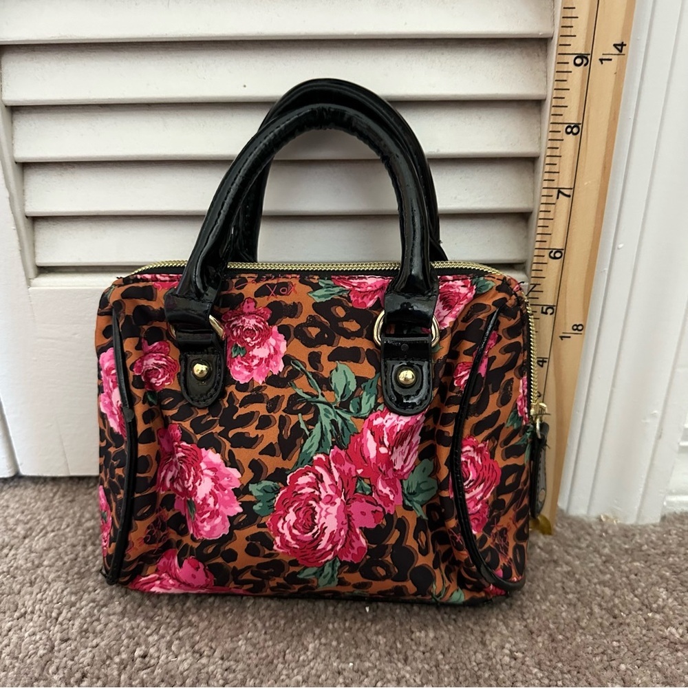 Betsey Johnson Leopard Floral Mini Satchel Bag Y2K Bow Charm Top Handle Purse - Picture 5 of 8